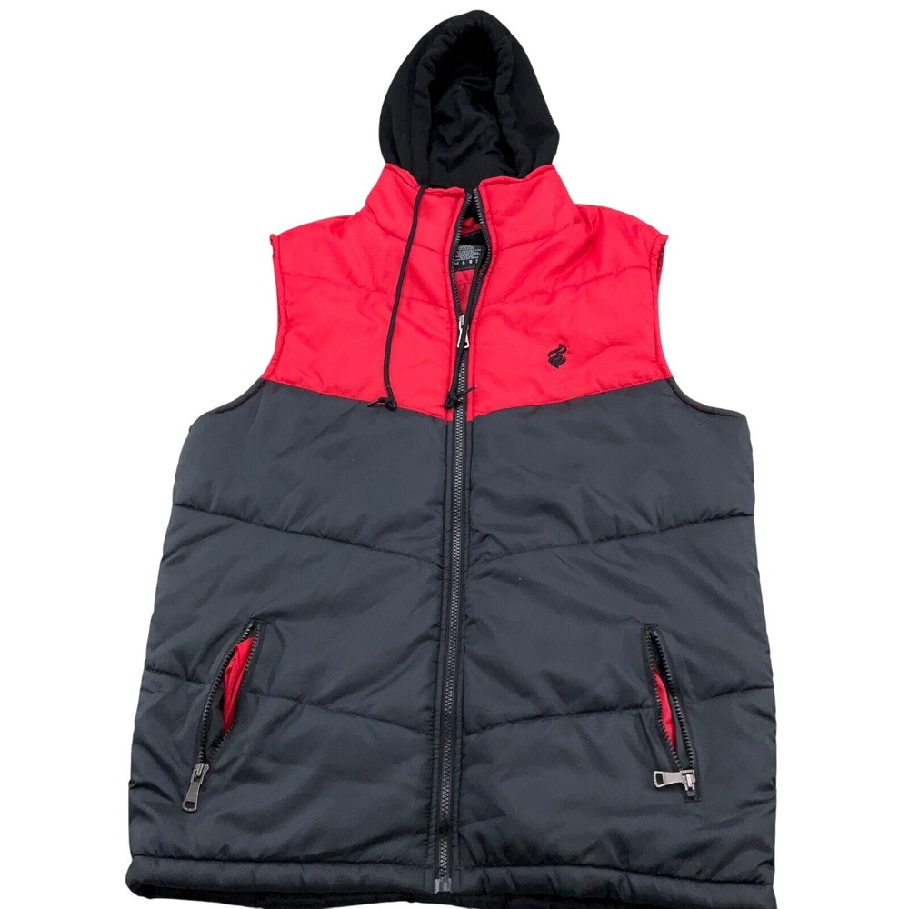 Rocawear Puffer Vest Men Medium Red Black Hood Zip Outdoor Sport Softshell
